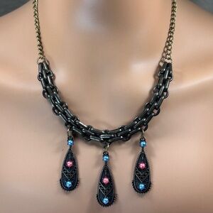 18” Antique Gold Chain Necklace with Pink and Blue Accents